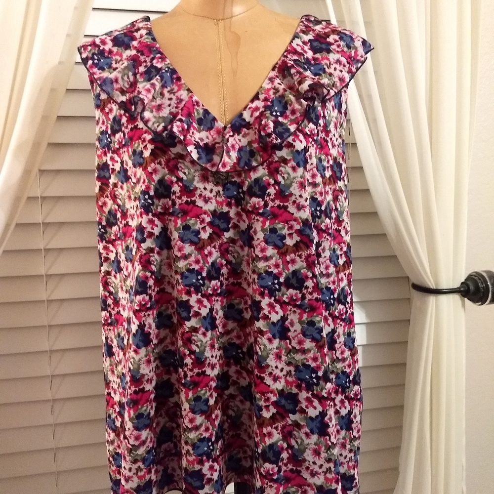 Coldwater Creek Floral Ruffle V-Neck Sleeveless Blouse - Pink, Blue, White